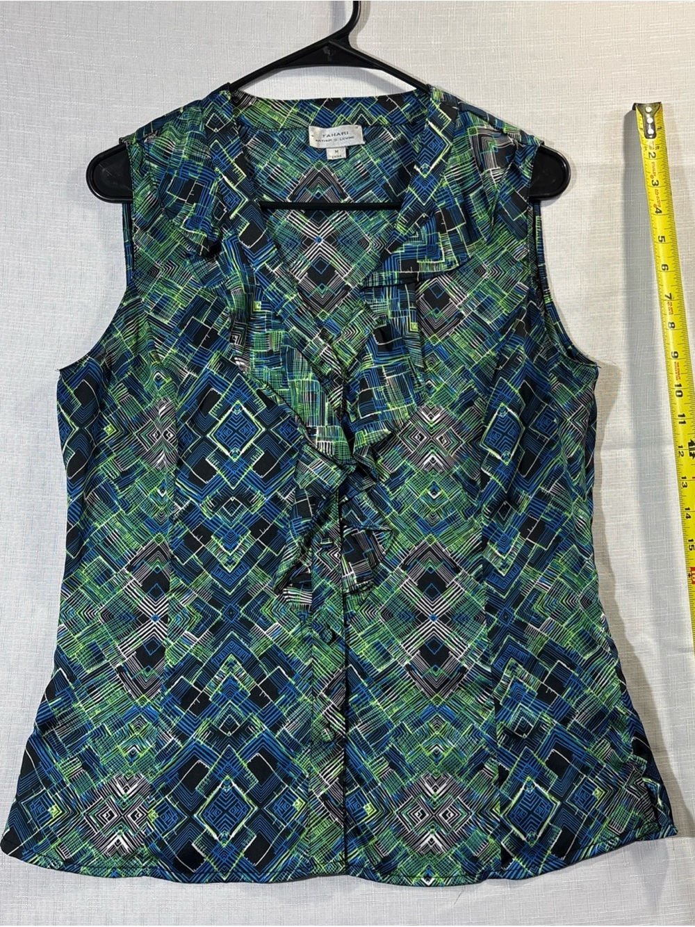 Tahari ASL Sleeveless Ruffle Front Geometric Print Top - Green/Blue Women’s Med